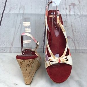 Bandolino Floral Open Toe Cork Wedge Shoes